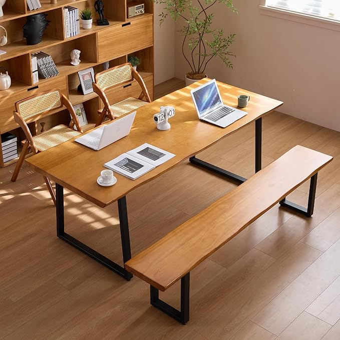 Solid Wood Top Bench with Metal Legs Durable Long Bench for Home Office Living Room Dining Room Versatile Multi Size Options Perfect Chair Stool Dining Bench Dining Chair (Light brown bench, 70.87in)