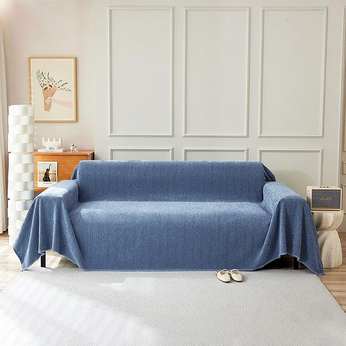 STACYPIK Durable Simple Blue Sofa Cover for Pets Kids Textured Herringbone Chenille Couch Covers for 2 Cushion Couch L Shape Couch Cover Versatile Protector Cover Multi-Use Blanket Washable-91X118IN