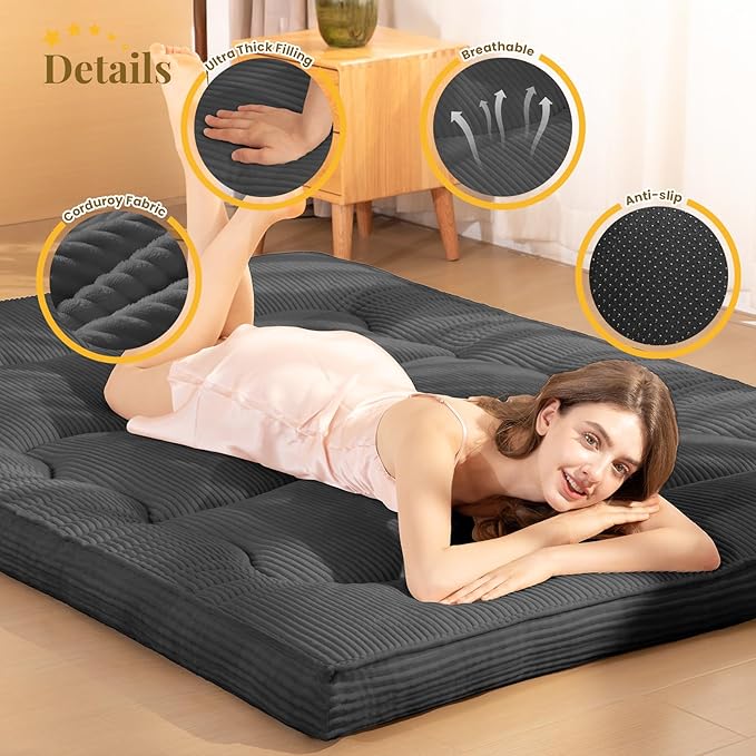 Japanese Floor Mattress, 4" Thicken Futon Mattress Twin Size Sleeping Pad, Corduroy Foldable Floor Pad, Roll Up Tatami Mat for Adults Guest Room Bedroom, Grey