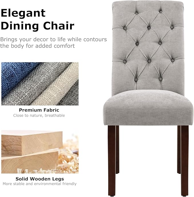 COLAMY Button Tufted Dining Chairs Set of 2, Parsons Upholstered Fabric Dining Room Chairs Kitchen Chairs with Wood Legs and Padded Seat, Light Grey