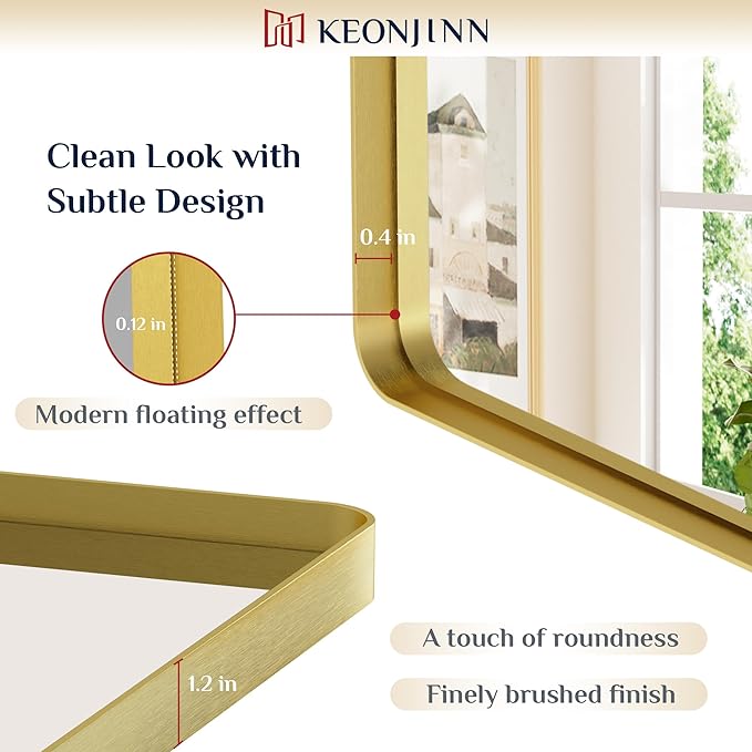 Keonjinn Gold Bathroom Mirrors for Wall 20 x 30 Inch Rounded Rectangle Gold Vanity Mirror, Brushed Brass Mirror with Metal Frame, HD Tempered Glass, Decorative Farmhouse Mirror(Horizontal/Vertical)