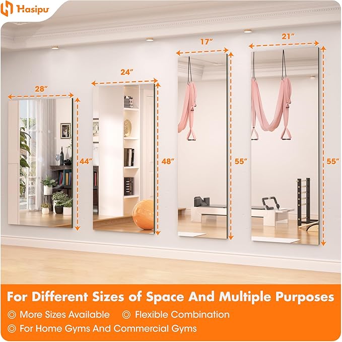 Hasipu Home Gym Mirror 48" L x 24" W - 4PCS Large Full Body Mirror for Yoga, Wall-Mounted Mirrors for Fitness, Garage, Dance Studio, 0.16in Tempered Glass Frameless