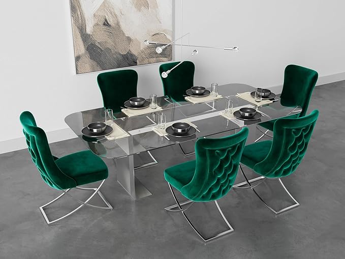 Ottomanson Royal Dining Chairs Set of 6 – Upholstered Tufted Microfiber, Assembled, Silver Metal Legs, Beech Wood Frame, 350 lb Capacity, Green