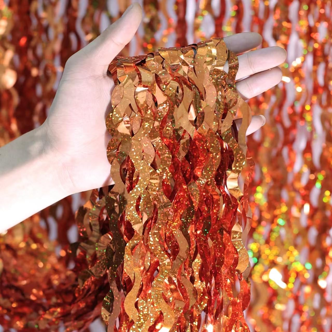 4 Pack 3.3x6.6ft Wavy Orange Foil Fringe Backdrop Curtains -Tinsel Streamers Metallic Foil Fringe Backdrop Door for Halloween, Graduation,Baby Shower,Gender Reveal