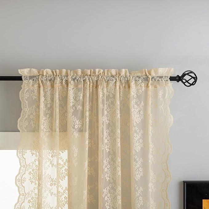 YJ YANJUN Vintage Lace Curtains 132 Inches Long-Victorian Floral Fancy Beige - Image 3
