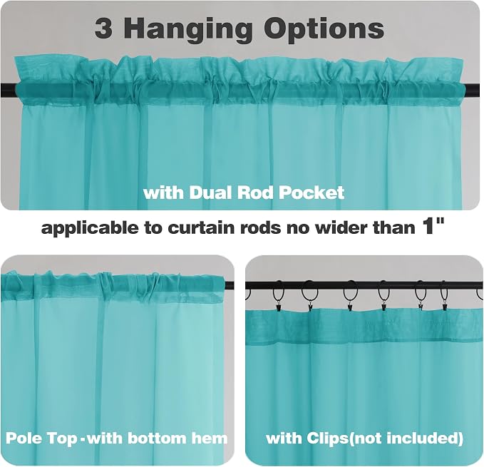 Chyhomenyc Sheer Turquoise Tier Curtains 24 Inch Length, Small Window Curtains - Image 3