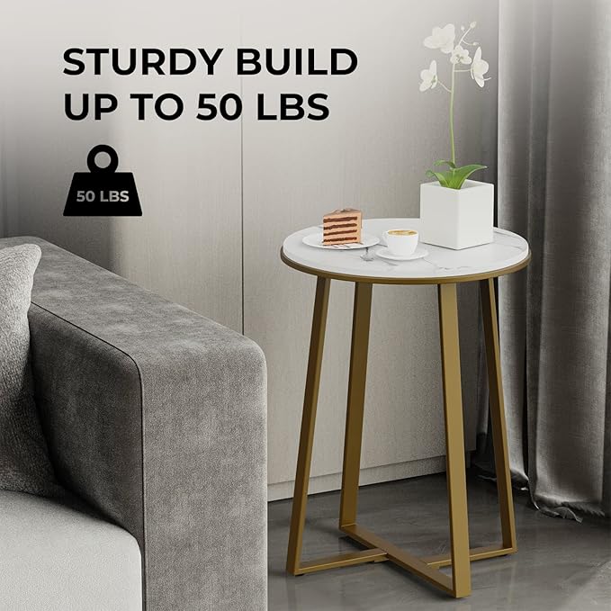 Round End Tables, Small Side Table White Marble Texture MDF Top,Metal Frame Gold Color, Tall End Table for Bed Room,Coffee Tea End Table for Living Room (White Marble+Gold)