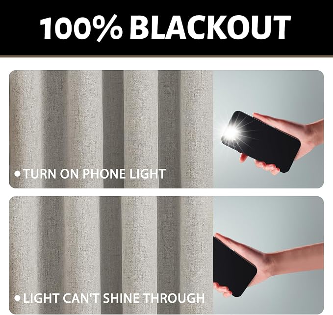 Yakamok Oatmeal Linen Curtains 100% Blackout 96 Inches Long, Room Darkening - Image 2