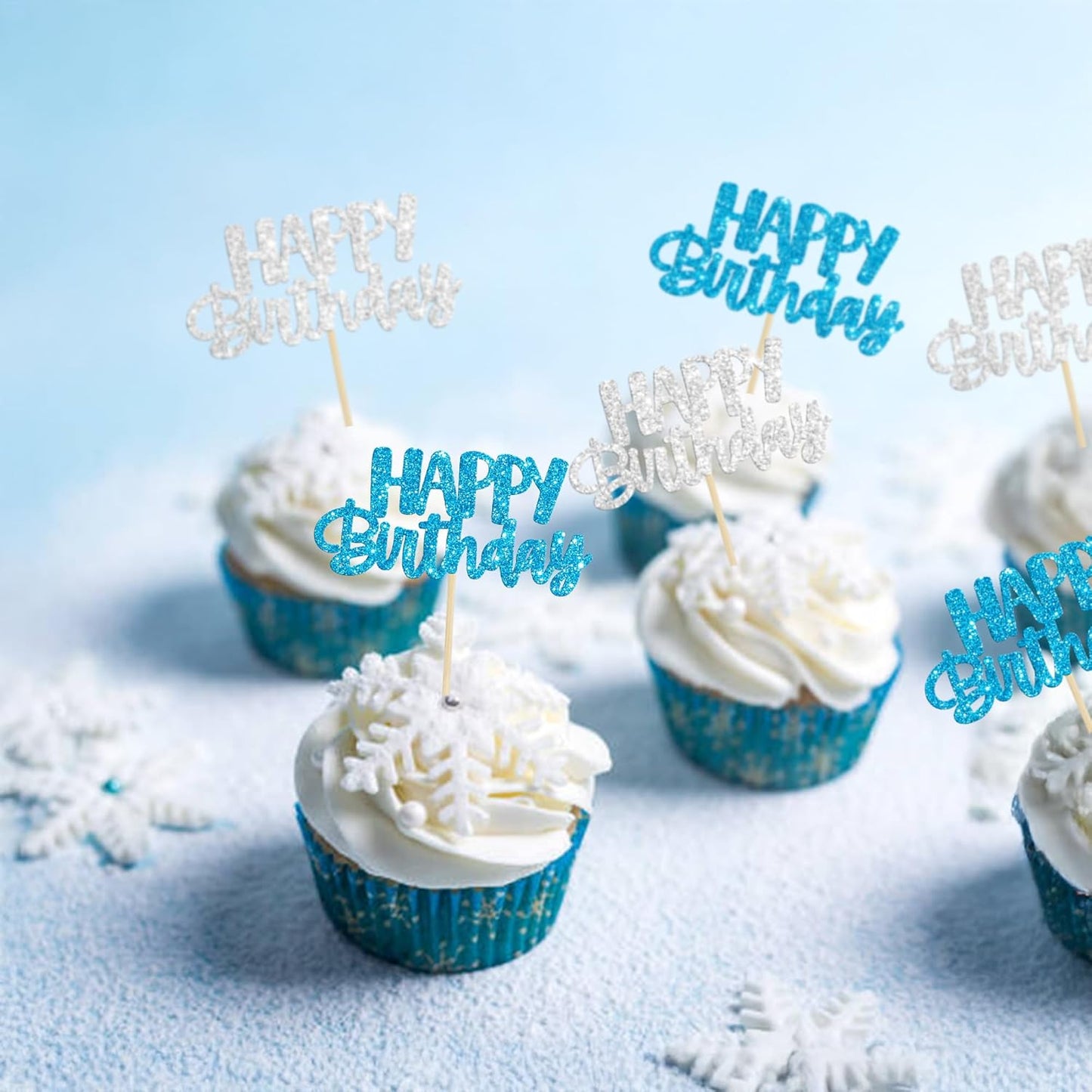Gyufise 24Pcs Happy Birthday Cupcake Toppers Glitter Birthday Cupcake Food Picks for Celebrating Winter Wonderland Theme Party Cake Decorations Supplies Blue Silver