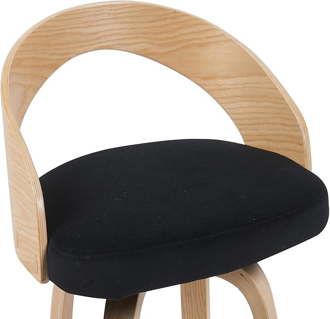 Armen Living Sonia Modern Swivel Bar Height Stool with Black Upholstered Seat and Patterned Oak Wood Finish