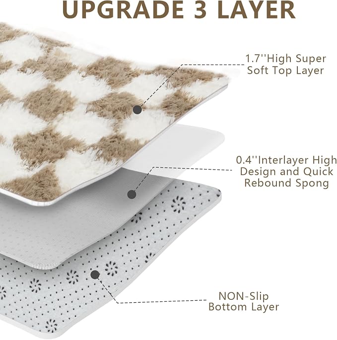 Checkered Area Rugs for Bedroom 5x8, Fluffy Beige and White Checkered Rug Fuzzy - Image 5