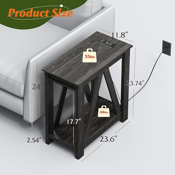 WLIVE Narrow End Table with Charging Station of Open Storage Shelf, Sofa Side Table with 2 USB Ports and 2 Power Outlets, Slim Farmhouse End Table for Small Spaces, Bedroom, Living Room