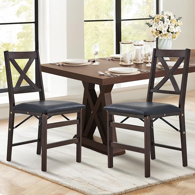 COLAMY Folding Dining Chairs Set of 2, Foldable Chairs with Padded Seats, Wood Folding Dining Room Chairs for Kitchen, Party, Camping, Dark Brown