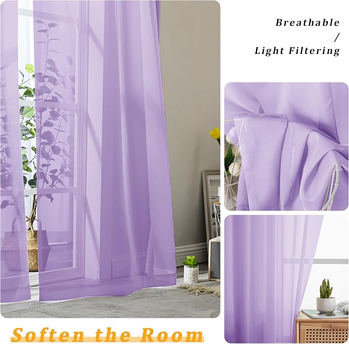 Gwine Lilac Sheer Curtains 72 Inches Long 2 Panels Set - Image 3