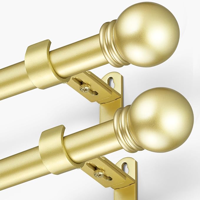Curtain Rods for Windows 16 to 120 Inches, Curtain Rod Max Adjustable Length of 132 IN, 1" Diameter Drapery Rods Round Finials, Warm Gold, Pack of 2