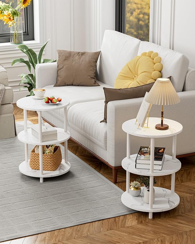 Small Round End Table - 3 Tier Design Accent Table, Narrow Side or Bedside Stand, Industrial Vintage Nightstand for Bedroom, Living Room, or Small Spaces, Marble White