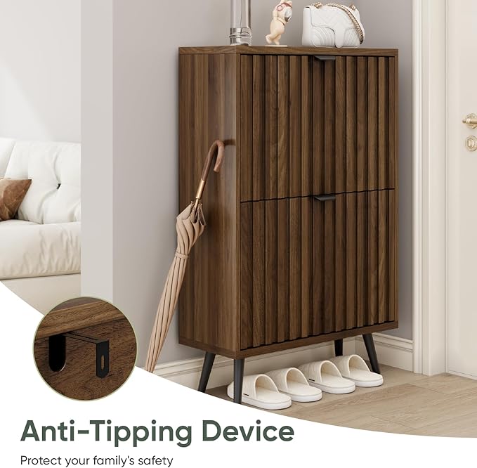 Smuxee Shoe Cabinet with 2 Flip Drawers, 23.6" Walnut Hidden Shoe Storage Cabinet with Fluted Design, Freestanding Shoe Organizer Cabinet for Entryway, Hallway, Closet, Living Room