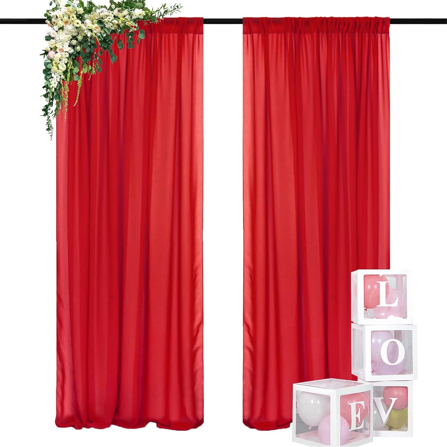 DUOBAO Red Chiffon Backdrop Curtain 5FTx8FT Polyester Curtains for Wedding Ceremony 96" Long Sheer Drapes 2 Pcs Girls' Bedroom Party Stage Decoration (58" W x 96" L)