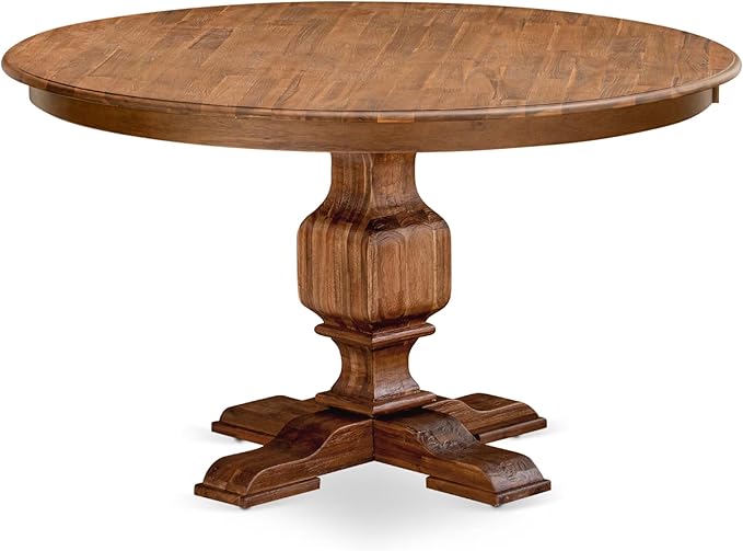 F3MZ5-50N-04 5-Pc Dining Room Set consists of a Pedestal Kitchen Table and 4 Light Tan Polyester Chairs with Padded Back - Antique Walnut