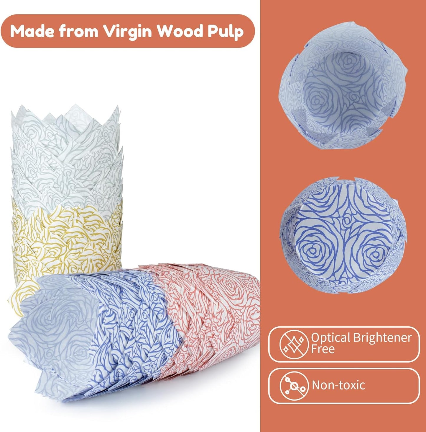 160pcs Tulip Paper Cupcake & Muffin Liners Oil Resistant - Standard Size 4 Colors Rose Pattern Baking Cups Cupcake Wrappers, Model BK010