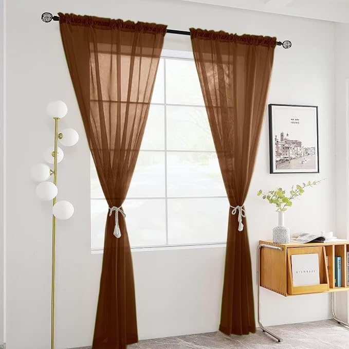 SpaceDresser Brown Sheer Curtains 4 Panels Rod Pocket Semi-Sheer Curtain 45 - Image 3
