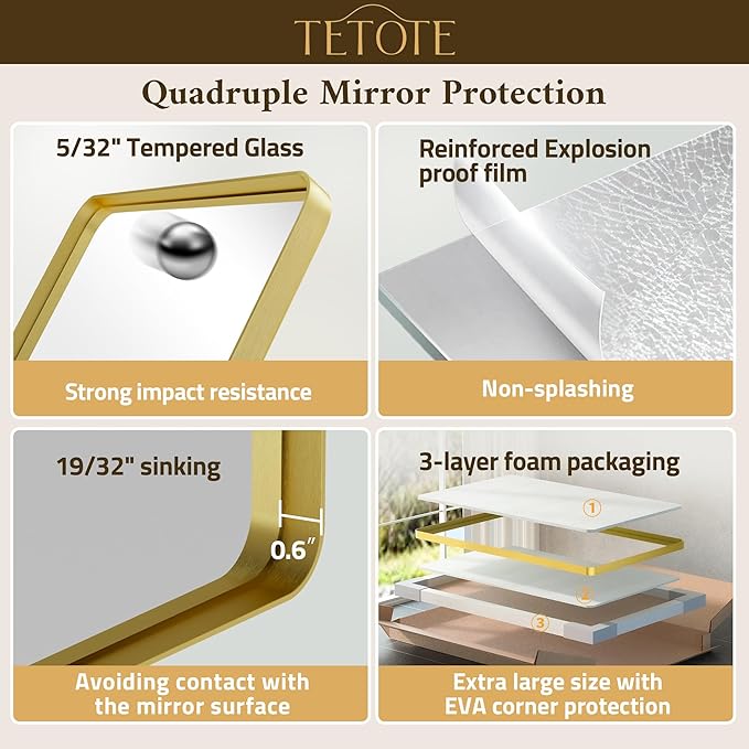 TETOTE Brushed Gold Bathroom Mirror 24 x 32 Gold Metal Framed Bathroom Mirror, Tempered Glass, Modern Farmhouse Wall Mounted Mirror for Decorative(Horizontal/Vertical)