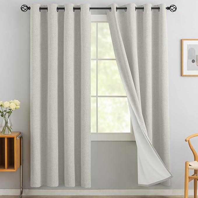 Yakamok Cream Linen Curtains 100% Blackout 72 Inches Long, Room Darkening by Yakamok