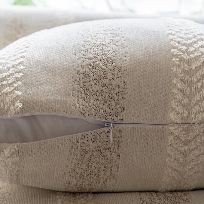 Pack of 1 Decorative Throw Pillow Covers 12x20 Inch, Pillow Cases for Living Room Couch Bedroom Farmhouse Home Decor, Soft Stripe Chenille Cushion Covers for Sofa Beige,12''x20''