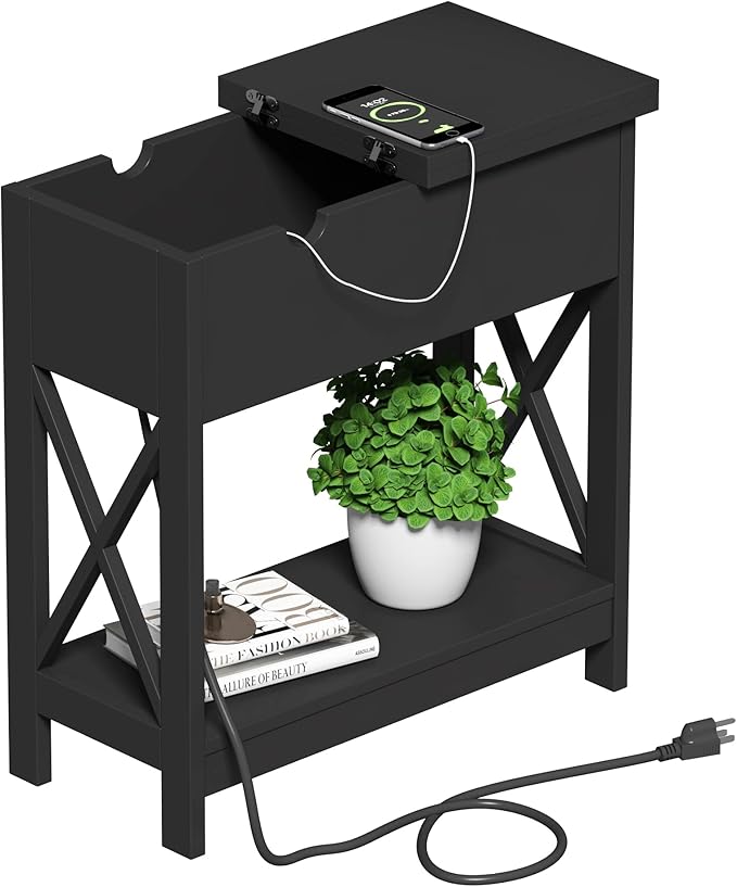 ChooChoo End Table with Charging Station, Narrow Flip Top Side Table with USB Ports & Power Outlets for Small Spaces, Bedside Table with Storage for Living Room, Bedroom, Black