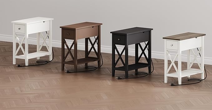 ChooChoo End Table with Charging Station, Narrow Side Table with USB Ports and Outlets, Nightstand with Drawer, for Small Spaces, Bedside Tables for Living Room Black