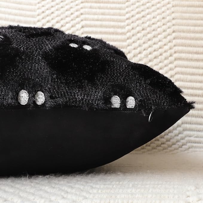 4TH Emotion Halloween Ghost Decorative Pillow Covers 18x18 Set of 2, Black Soft Plush Faux Fur Farmhouse Throw Cushion Cases for Fall Autumn Holiday Home Decorations