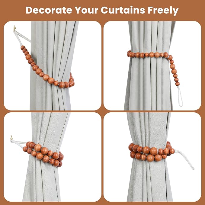 Wood Bead Curtain Tiebacks, KLOGTSIND Set of 2 Curtain Holdbacks - Image 3