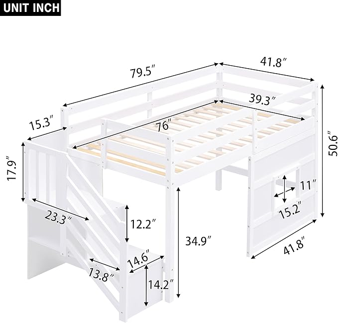 Twin Size Loft Bed with Storage Staircase and Window,Wood Twin Loft Bunk Bedframe with Full-Length Guardrail and Sturdy Slat Support, No Noise,No Box Spring Needed,for Kids,Boys,Girls,White