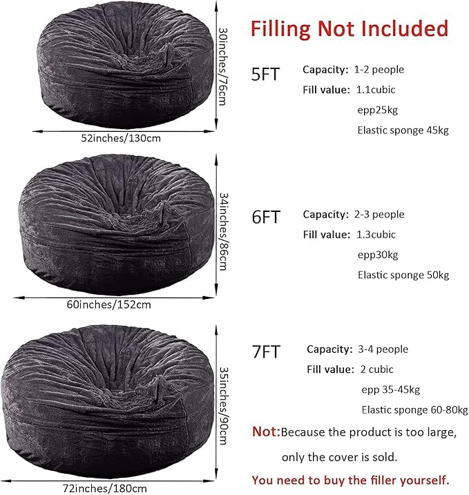 Giant Fur Bean Bag Chair Cover for Kids Adults, (No Filler) Living Room Furniture Big Round Soft Fluffy Faux Fur Beanbag Lazy Sofa Bed Cover (Snow Grey, 7FT)