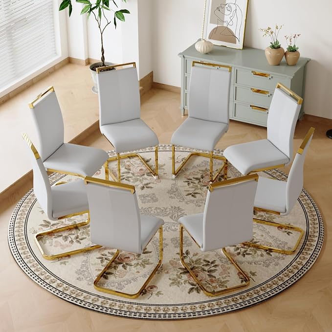 Dining Chairs Set of 8, Faux Leather with Plated Chrome Metal Frame, Modern Kitchen Chairs with Padded Seat High Back for Dining Room, Kitchen, Living Room