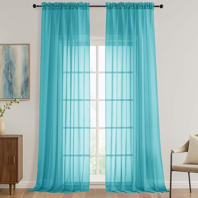 OVZME Turquoise Sheer Curtains 120 Inches Long 2 Panels Set, 59 Inch Extra Wide by OVZME