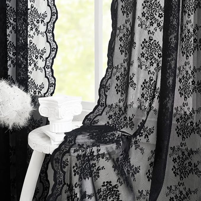 YJ YANJUN Vintage Lace Curtains 108 Inches Long- Victorian Floral Pattern Black - Image 3
