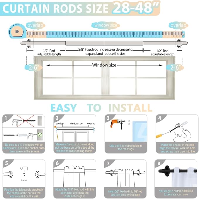 TVWOO Wrap Around Curtain Rods, 5/8 Inch Adjustable Blackout Curtain Rod Set - Image 7