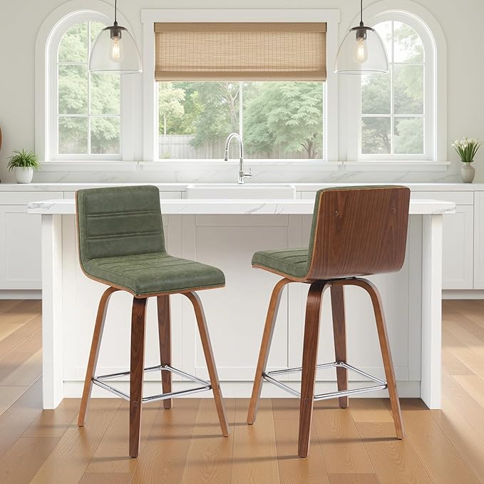 Vienna Modern Counter Height Swivel Bar Stool with Vintage Green Upholstered Seat and Walnut Finished Wood Frame Set of 2