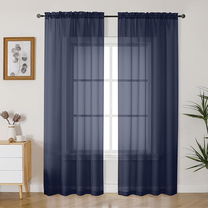 Gwine Navy Blue Sheer Curtains 90 Inches Long 2 Panels Set, Light Filtering by Gwine