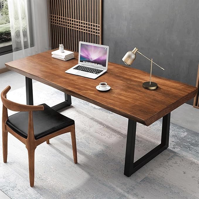 Modern Minimalist Solid Wood Office Desk with Metal Base Easy to Assemble Durable Writing Table Dining Table Computer Desk Multiple Ideal for Living Room and Dining Room (63inch)