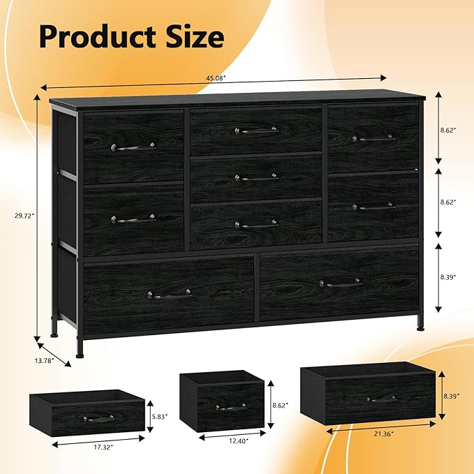 Furnulem Dresser for Bedroom with 9 Large Drawers for 55'' Long Chest TV Stand Entertainment Center, Wood Shelf Storage for Living Room, Dorm, Closet, Entryway, Sturdy Metal Frame(Black Oak)