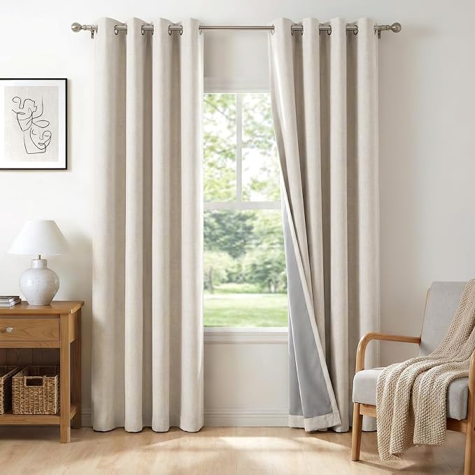 100% Blackout Linen Curtains 50" W x 84" L 2 Panels Set, Thermal Insulated Full by 100BlackoutShield