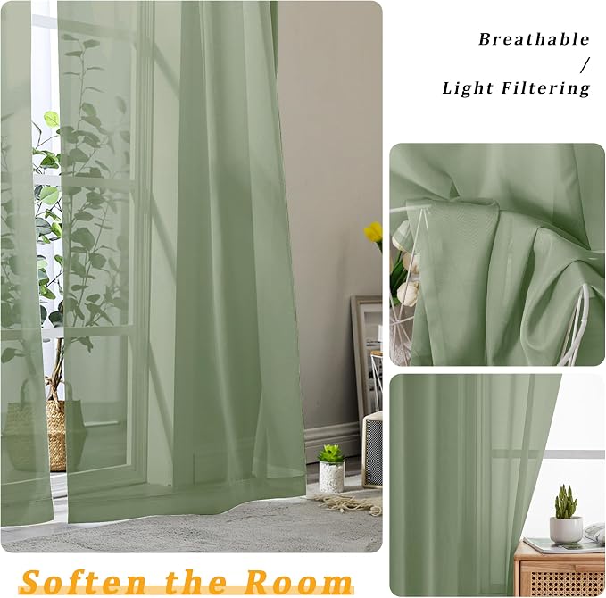 Gwine Sage Green Sheer Curtains 120 Inches Long 2 Panels Set, Extra Long Sheer - Image 4