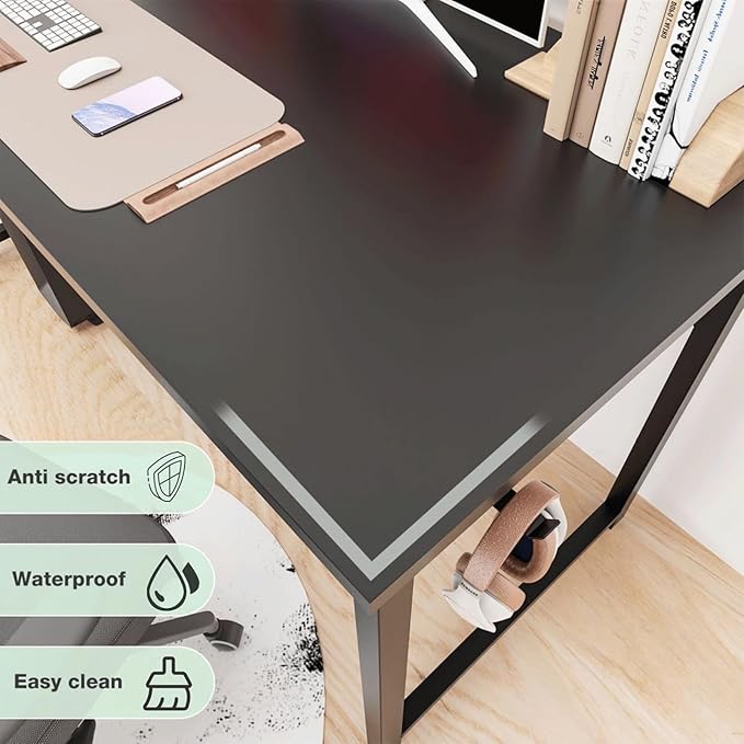 47 Inch Desk Office with Storage, Modern Simple Style Gaming Computer Table for Youth Student Adult, Metal and Wood Home Office Furniture, Black