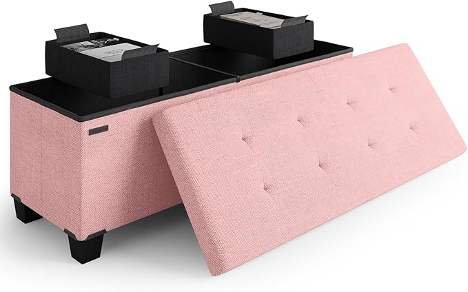 STORAGEBUD Storage Ottoman Bench with Bins, 43-in Storage Bench for Bedroom End of Bed, Folding Foot Rest Ottoman for Living Room Max 660lbs, Fabric Ottomans, Pink