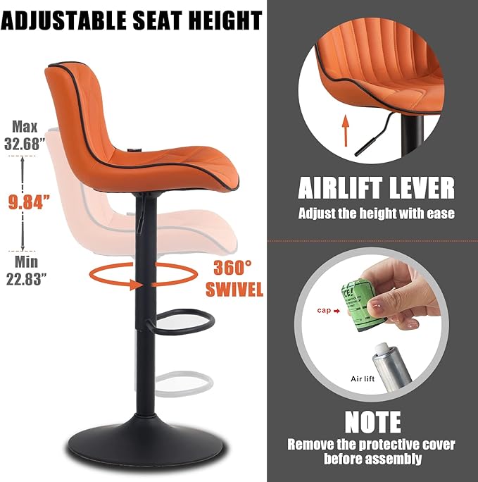 YOUNIKE 3 Orange Bar Stools Modern Swivel Counter Height Bar Chair with Back Adjustable Kitchen Island Faux Leather Padded Barstools taburetes de bar Breakfast sillas para barra de cocina 3PCS