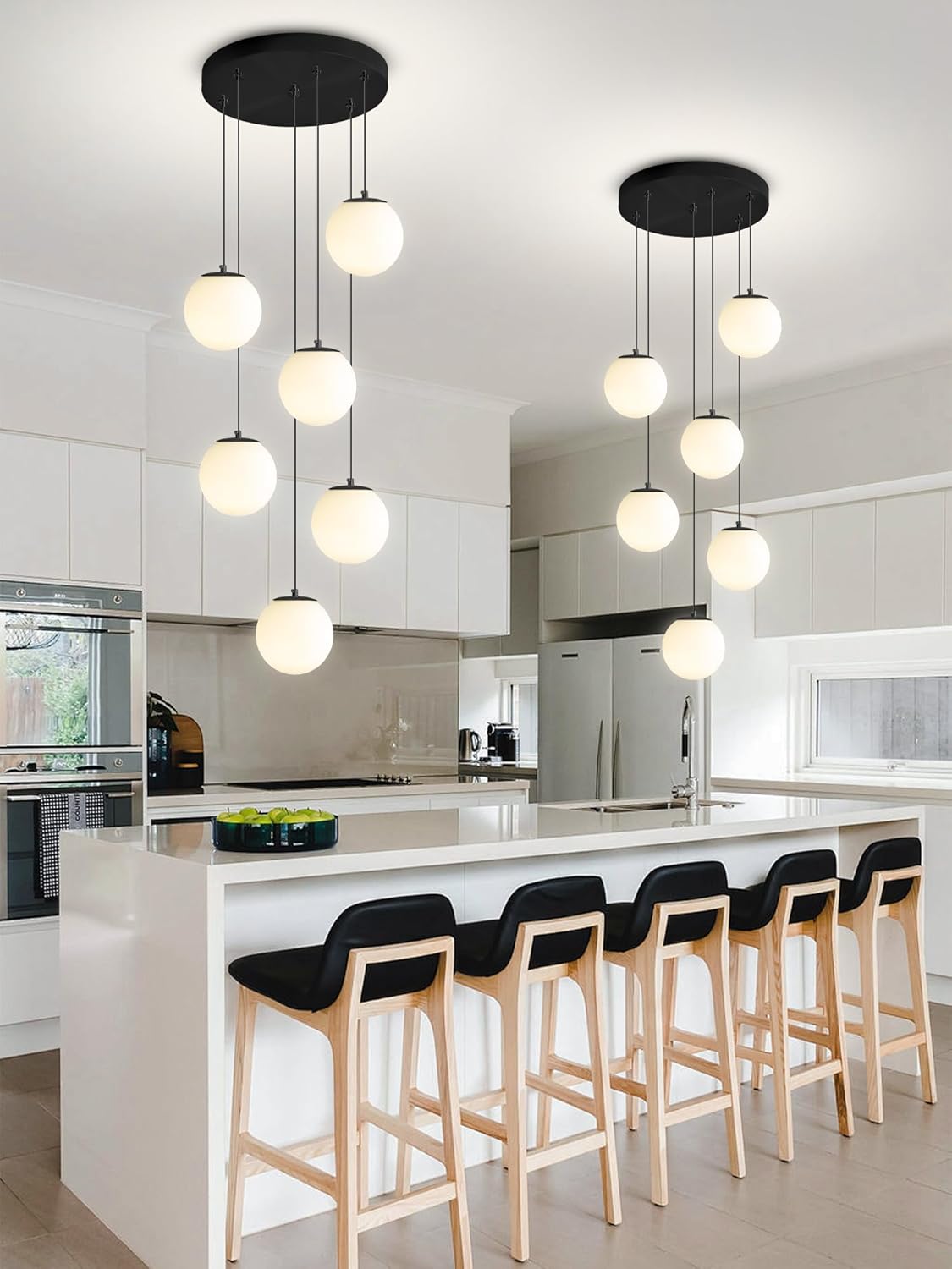 H 87in Globe Pendant Light 6-Lights Modern Hanging Chandelier for Kitchen Island Black Globe Chandelier Milk White Glass Pendant Lighting for Living Room Bedroom Entryway