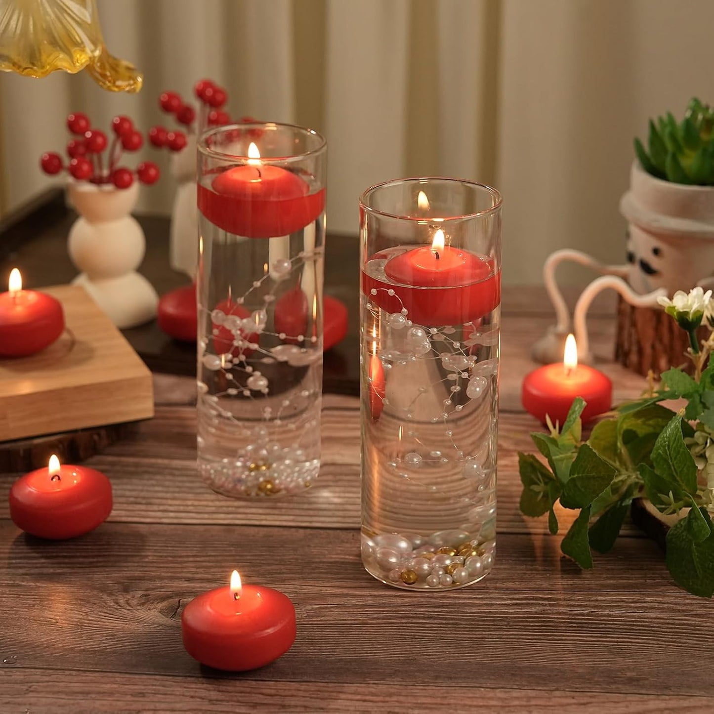 2 inch Red Floating Candles, 48 Pack Unscented Floating Candles for Centerpieces,5-6 Hours Water Activated Candle Bulk for Cylinder Vases Wedding Pool Bathtub