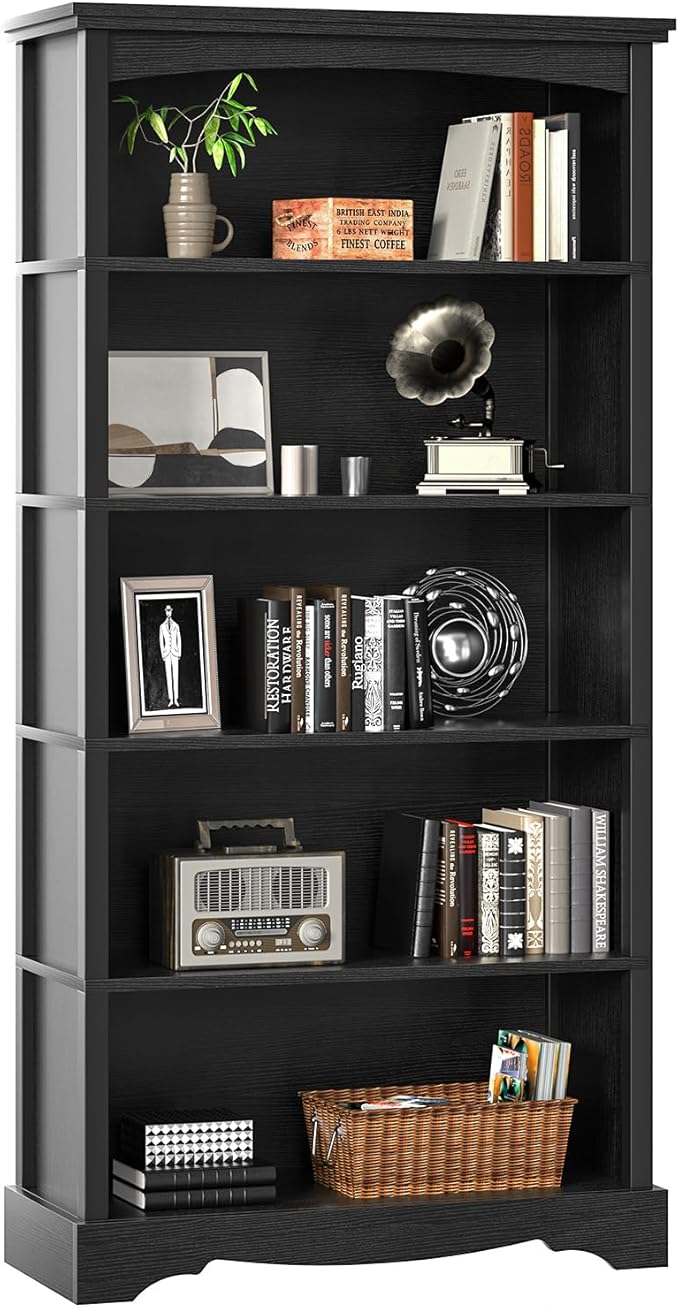 TVU 5-Tier Wooden Bookshelf, 65 Inch Tall Bookshelf with Storage, Floor Standing Modern Style Display Bookcase for Living Room, Office, Study Room, Entryway, Black